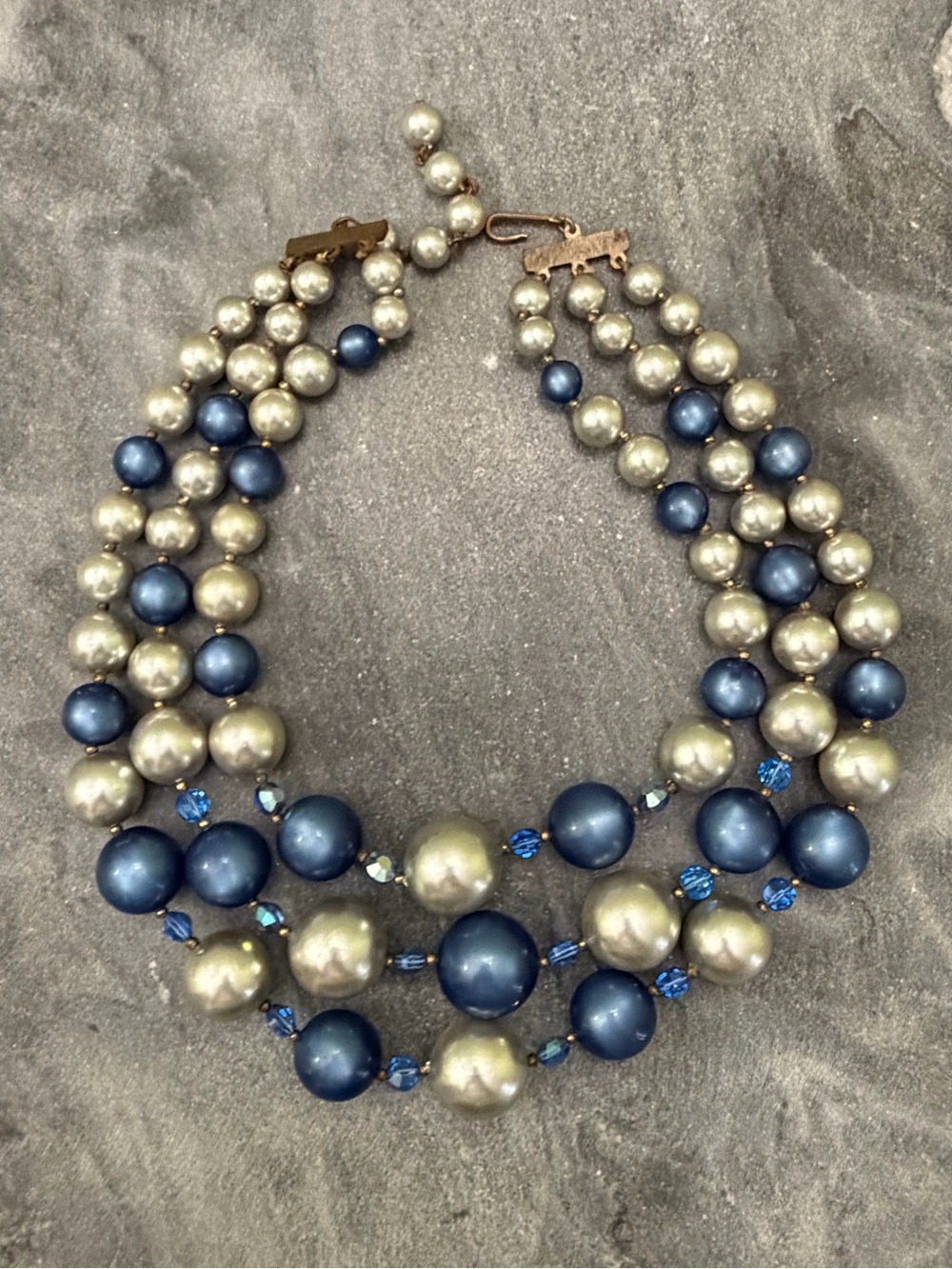 Vintage Moonglow Lucite Multi-Strand Blue Silver Beaded Necklace